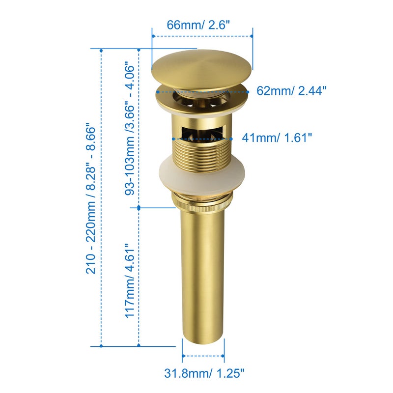 SHAMANDA Brass Bathroom Sink Drain, Vessel Vanity Sink Pop Up Drain Stopper with Overflow Lavatory Drain Assembly, Brushed Gold, DS101-3 - Image 5